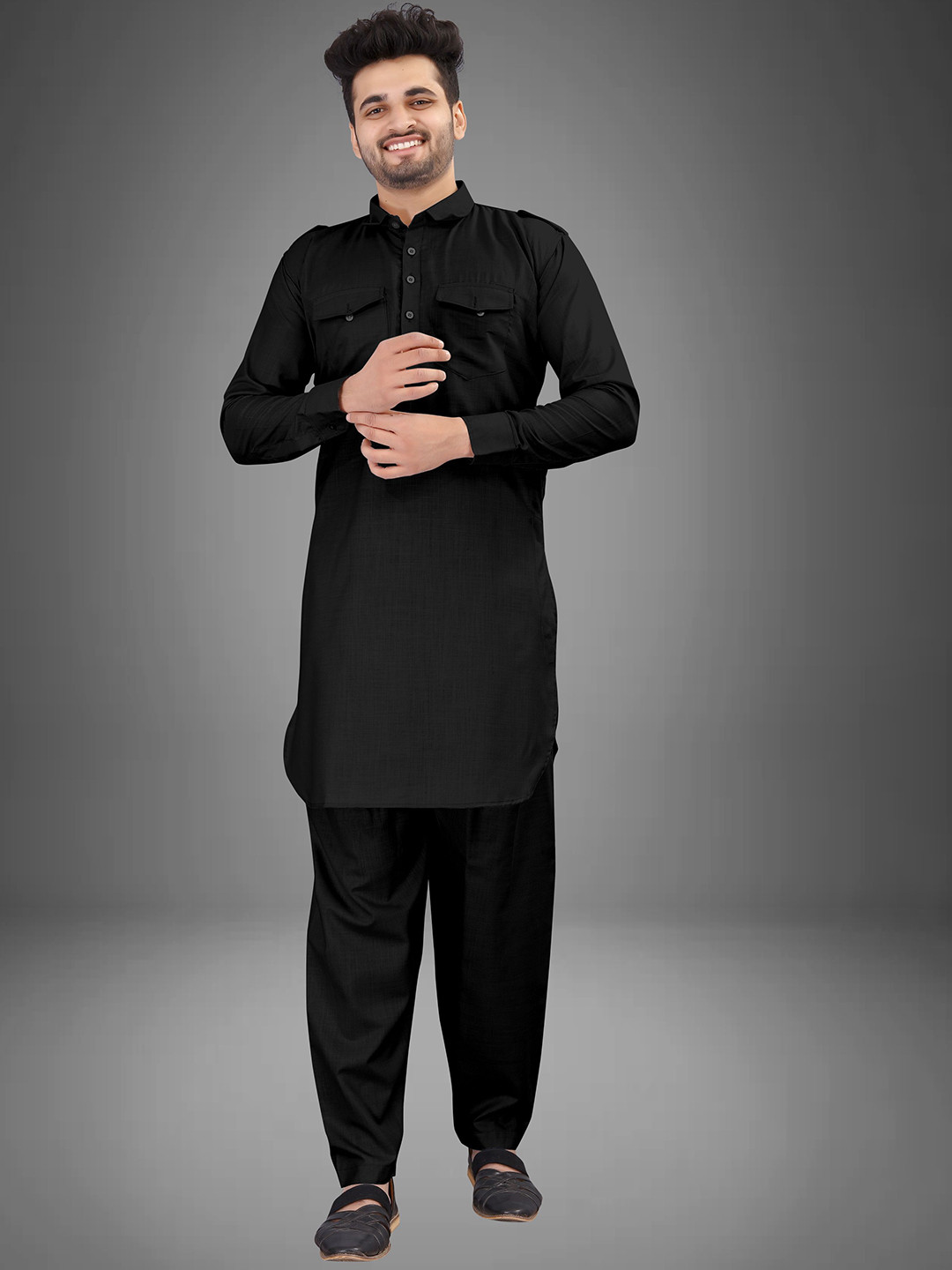 

trustous Shirt Collar Pocket Detailing Pure Cotton Pathani Straight Kurta With Salwar, Black