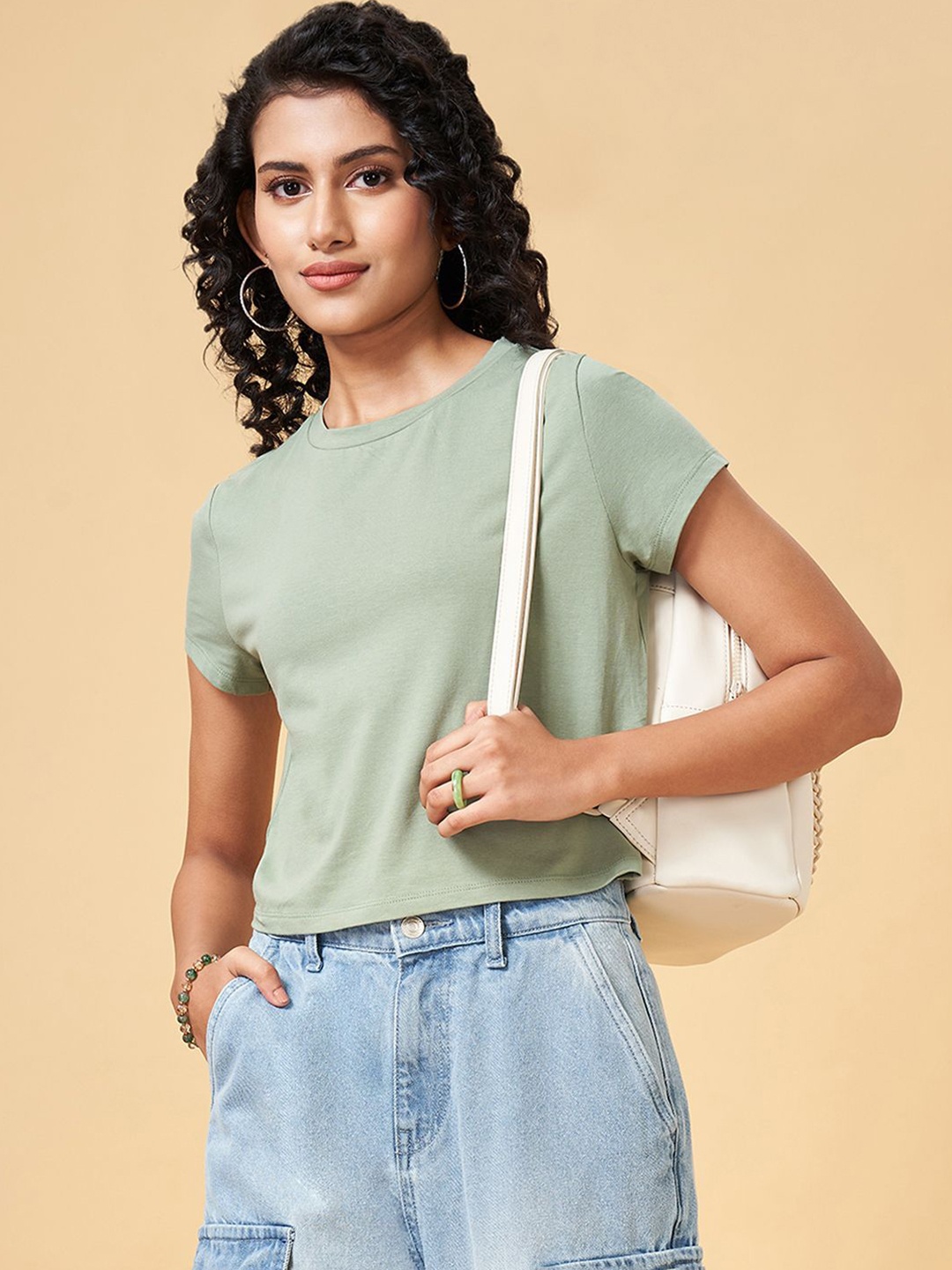 

People Women Solid Round Neck Cotton Top, Olive