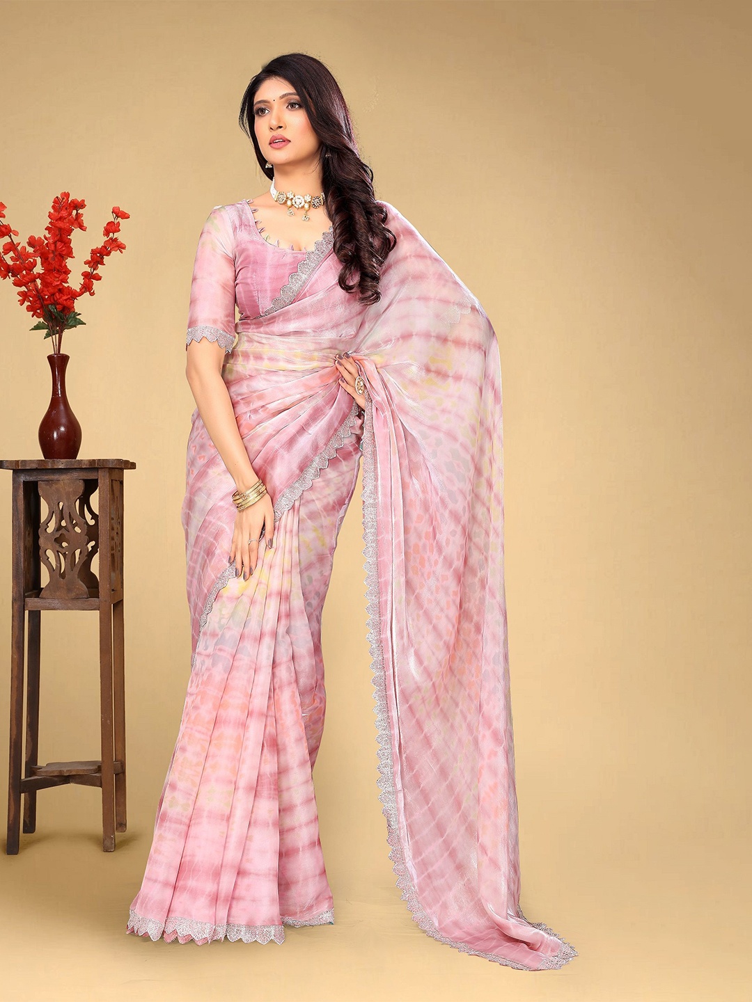 

BAESD Tie and Dye Beads and Stones Saree, Pink