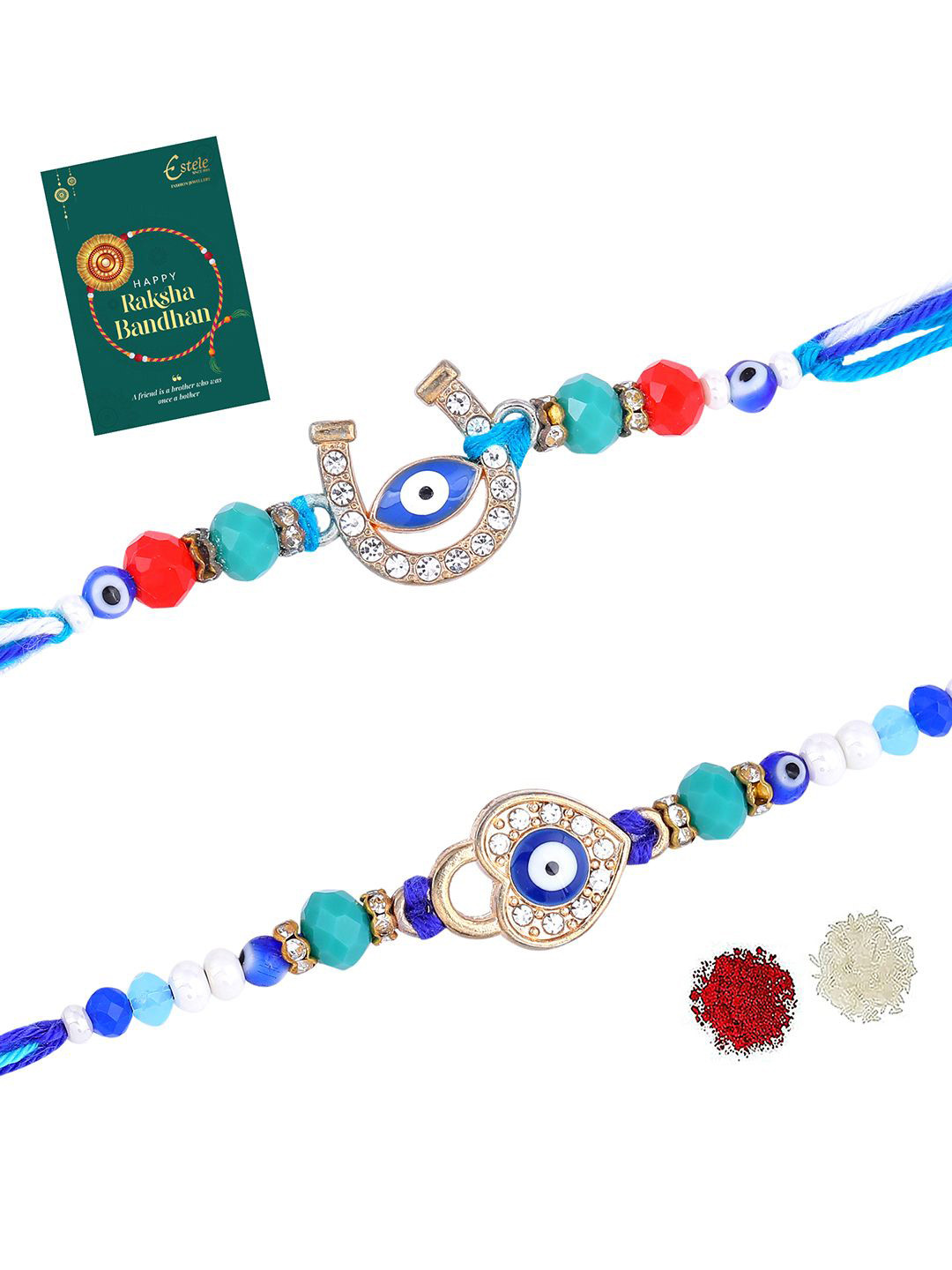 

Estele Set Of 2 Thread & Beaded Tie Up Rakhis, Blue