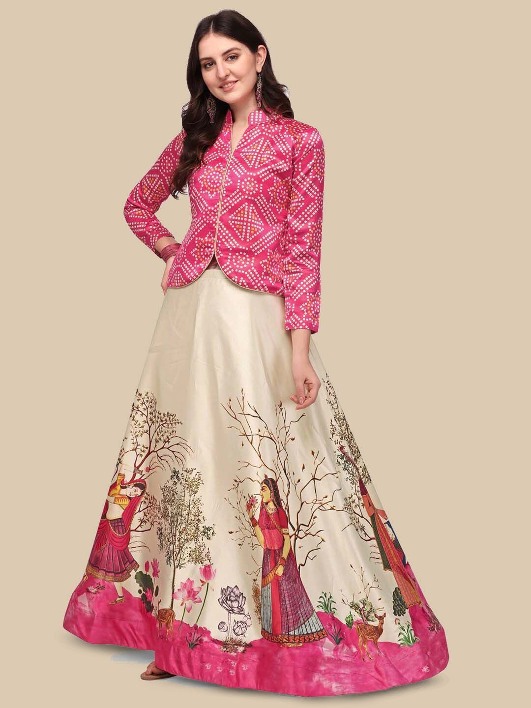 

Kaizen TEXO FAB Printed Satin Semi-Stitched Lehenga & Unstitched, Pink