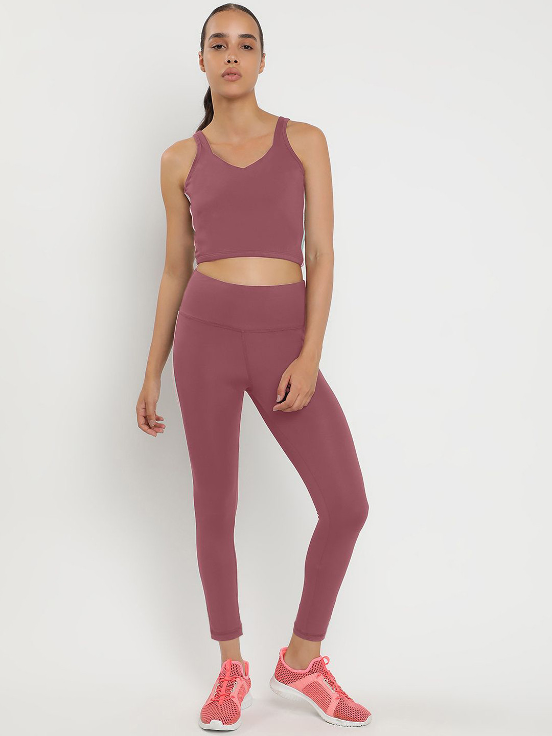 

Wearjukebox V Neck Sleeveless Sports Top With Tights, Pink
