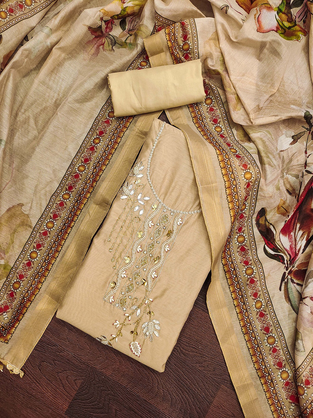 

KIMISHA Beads and Stones Embellished Unstitched Dress Material, Beige