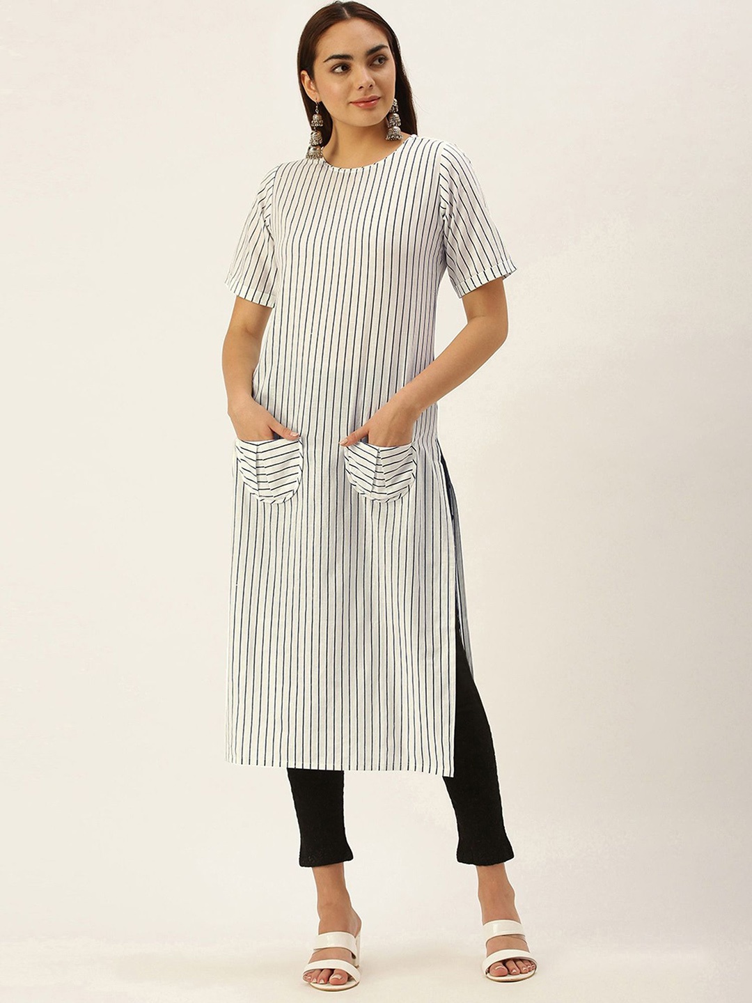 

KALINI Striped Round Neck Cotton Straight Kurta, White