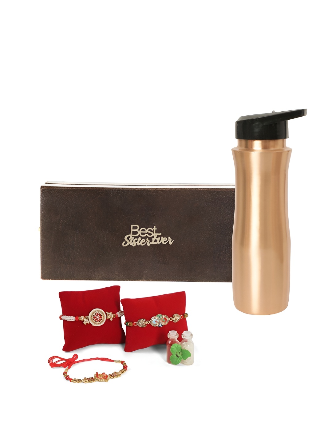 

INTERNATIONAL GIFT Set Of 3 Rakhis With Copper Water Bottle & Roli Chawal