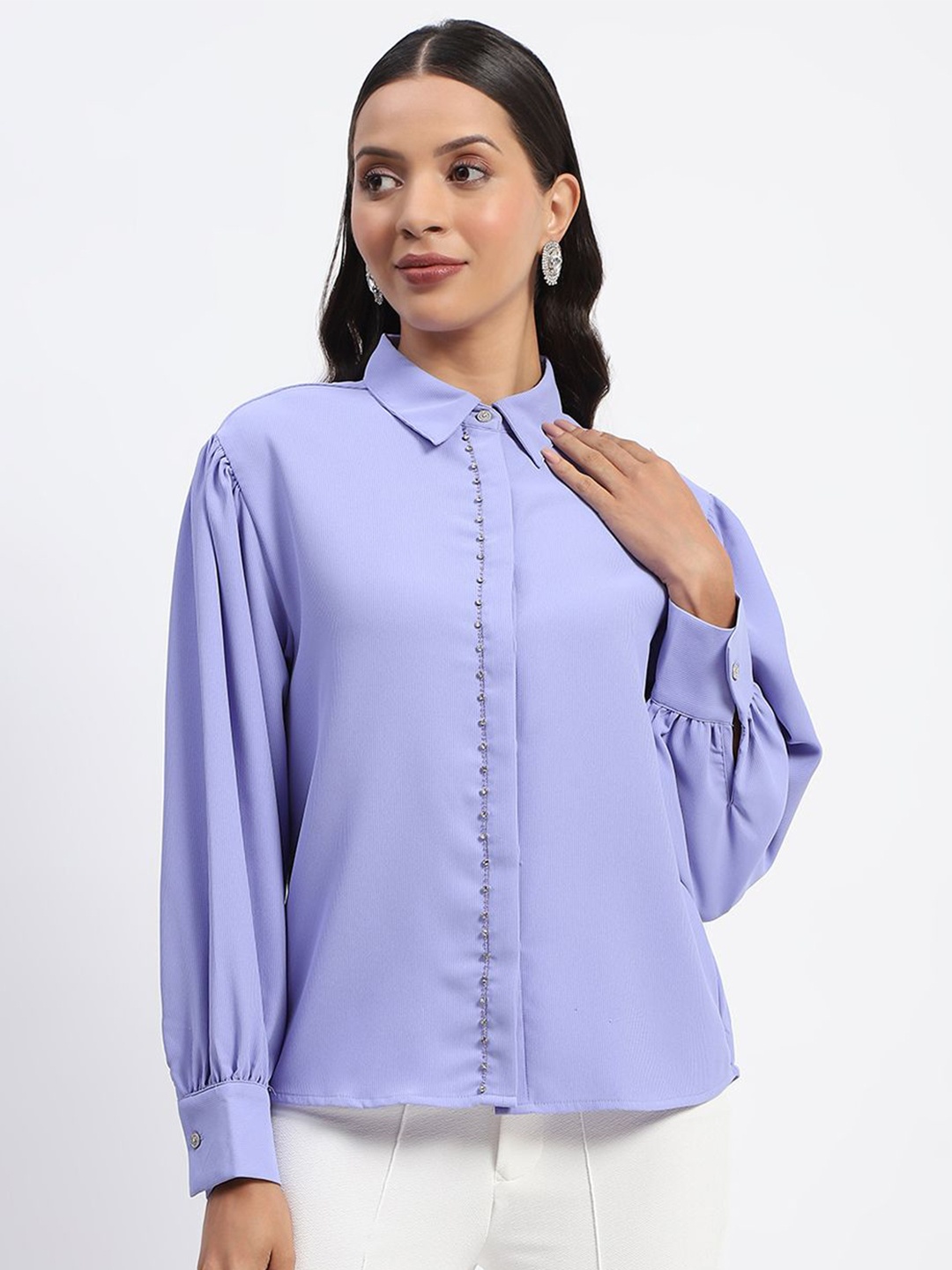

Madame Women Spread Collar Solid Casual Shirt, Blue
