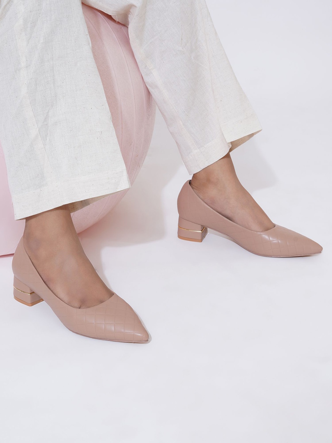 

Sherrif Shoes Women PU Pointed Toe Block Pumps, Nude