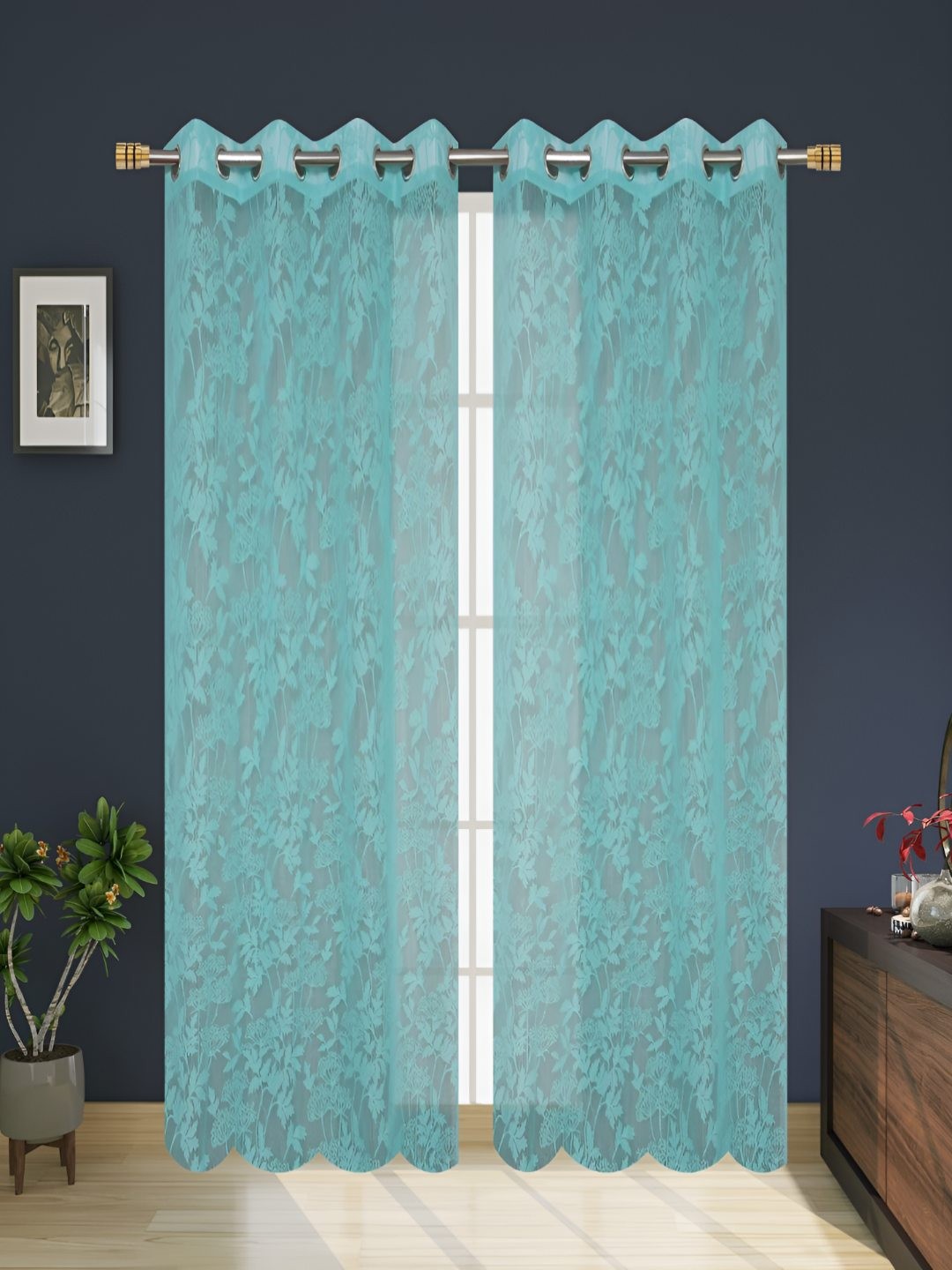 

B' Decorlish Turquoise Blue Floral Printed Sheer Window Curtain