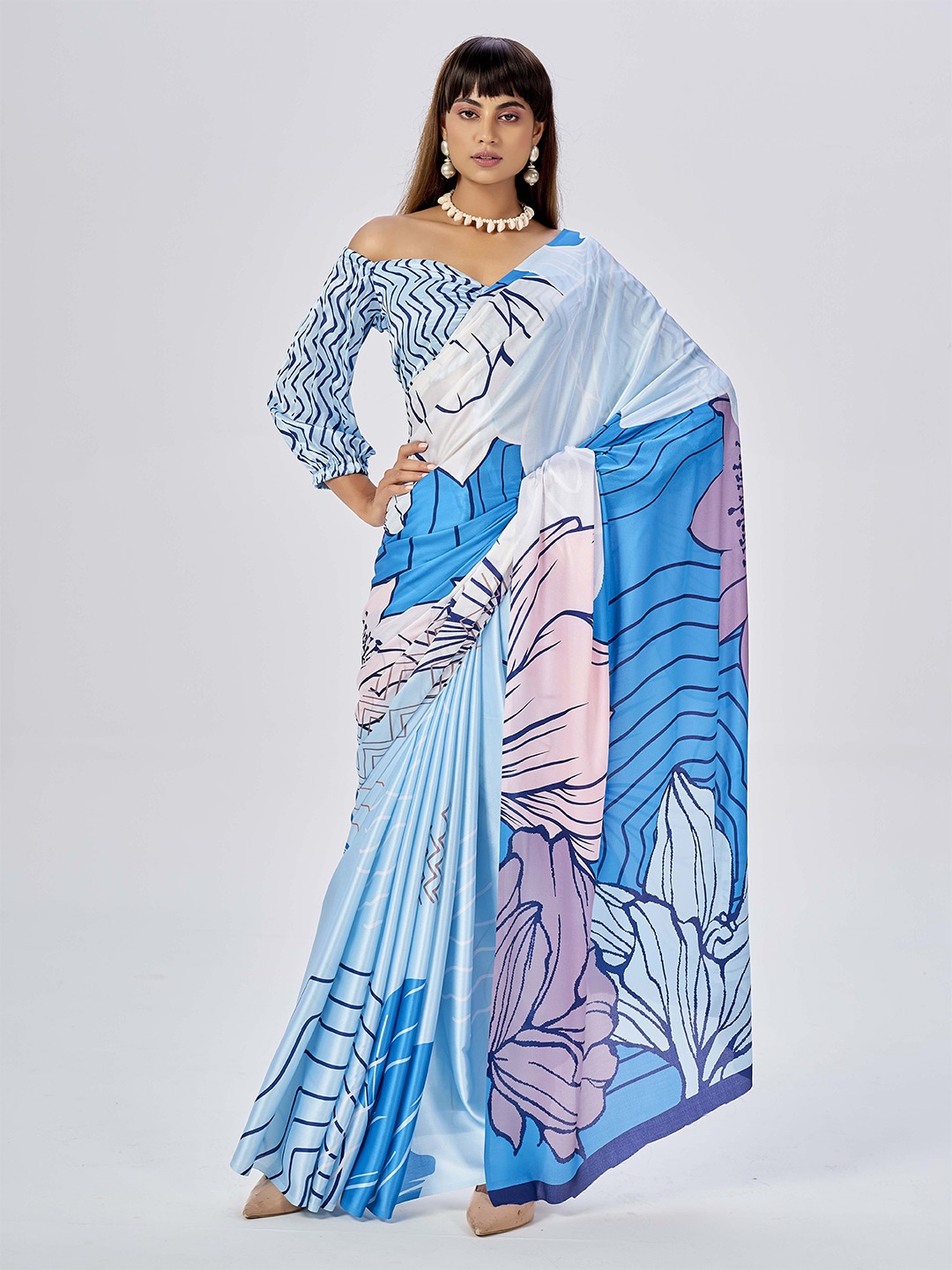 

Ethnielle Floral Satin Saree, Blue