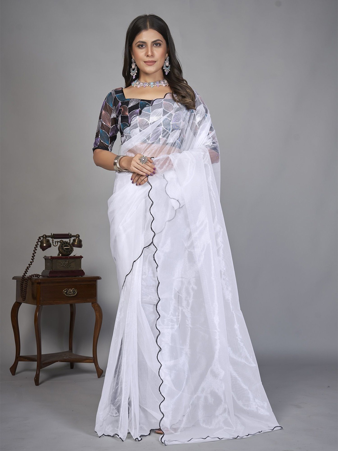 

LADY SHOPI Embroidered Organza Saree, White