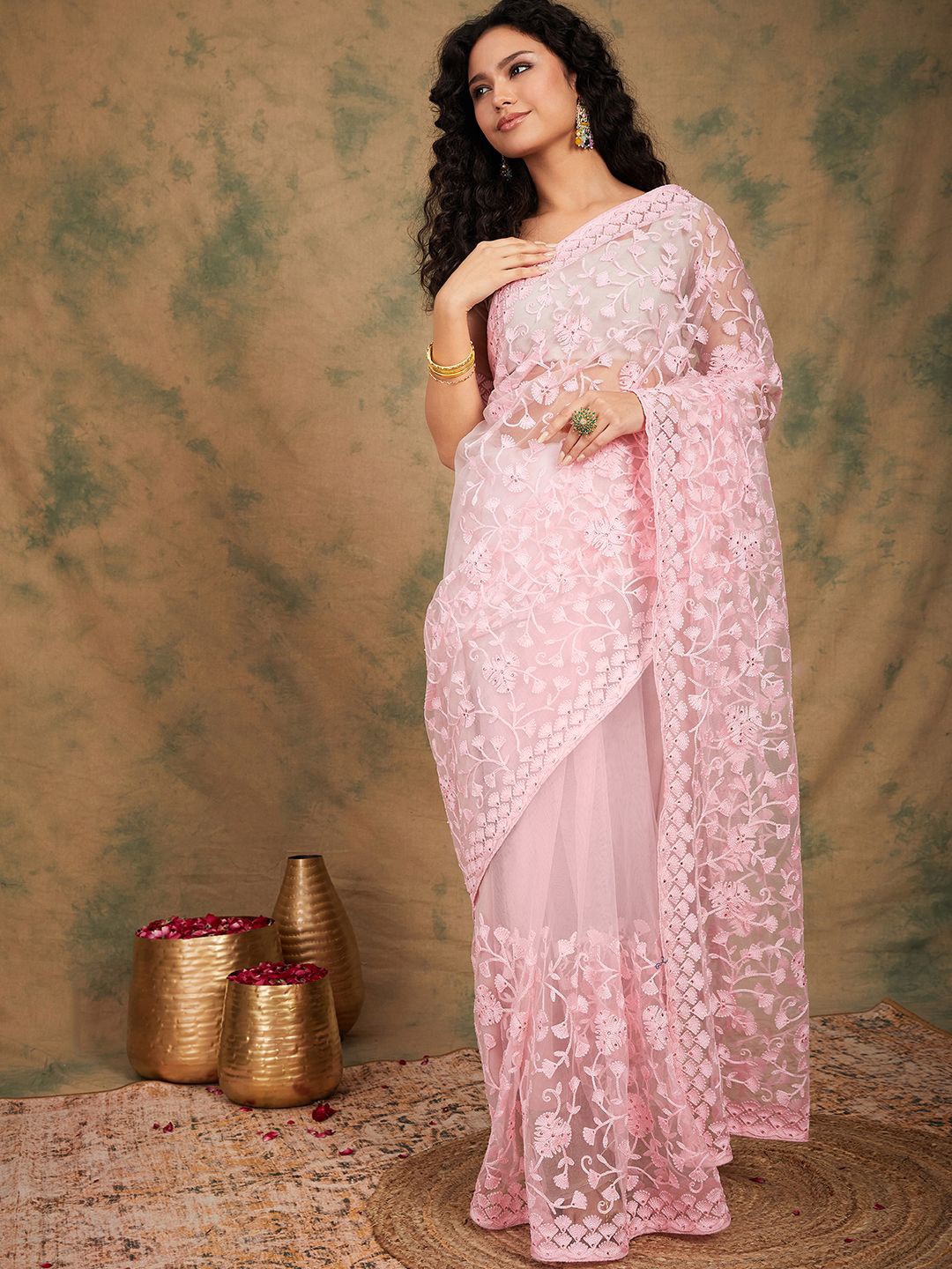 

SHADOW & SAINING Floral Beads and Stones Net Saree, Pink