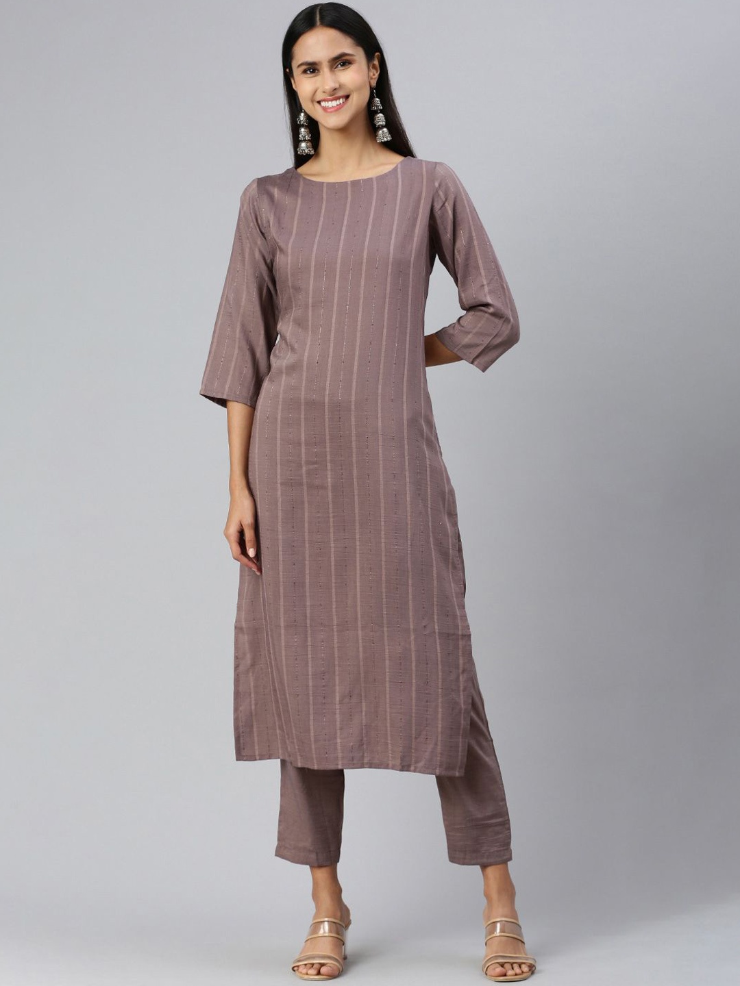 

KALINI Striped Round Neck Straight Kurta With Trousers, Grey