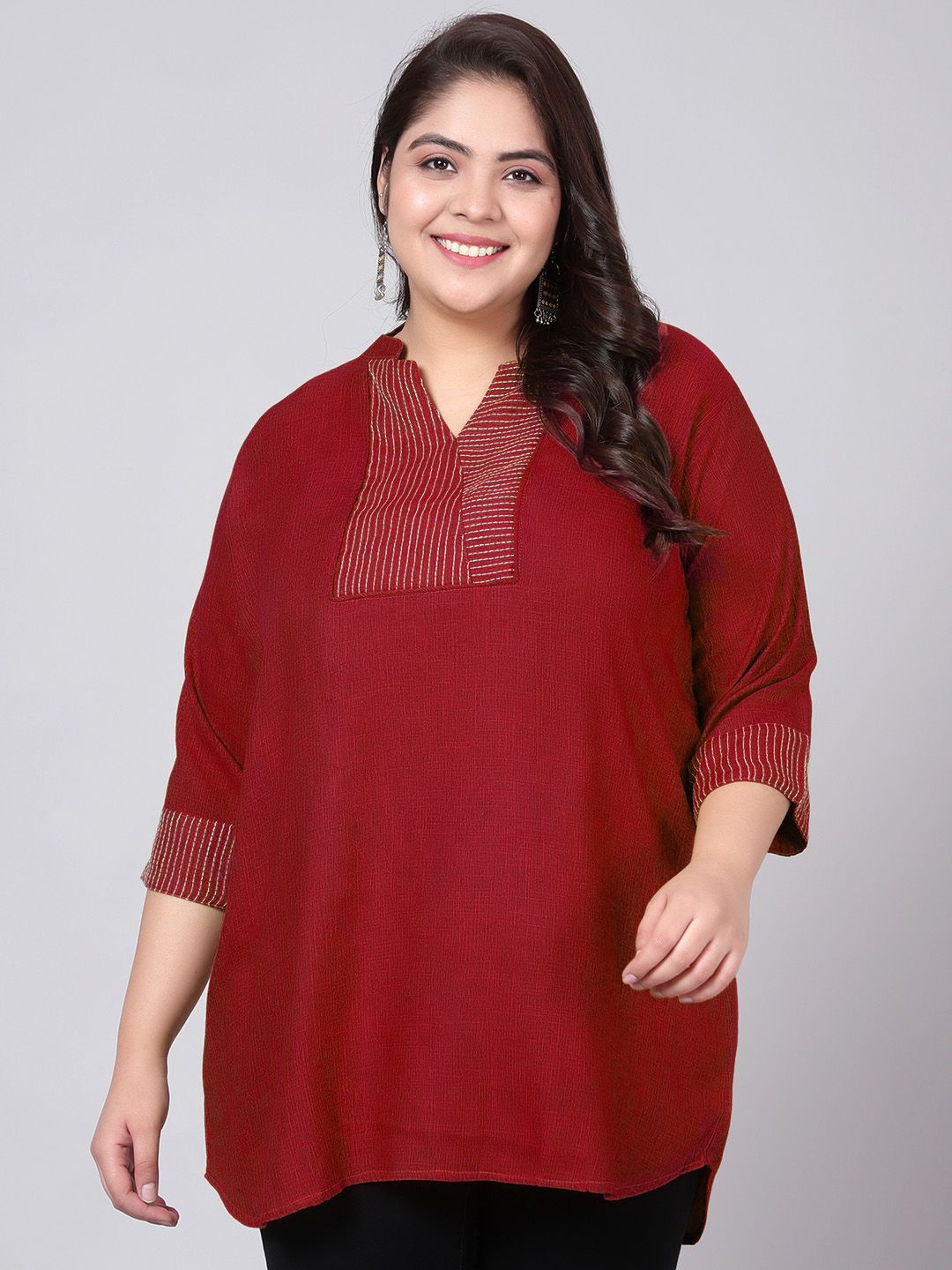 

Indietoga Women Plus Size Striped Mandarin Collar Cotton Top, Maroon