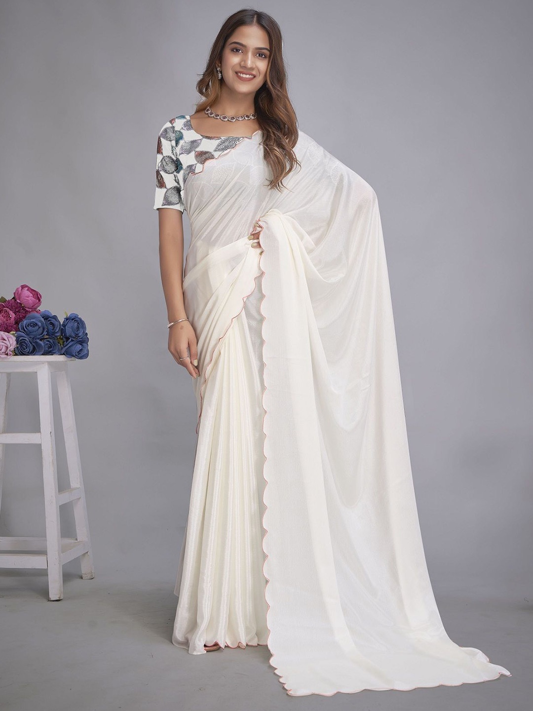 

LADY SHOPI Embroidered Pure Chiffon Saree, White