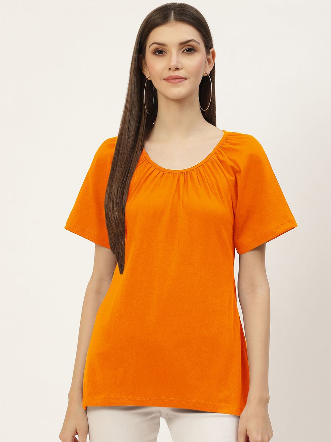 

BRINNS Women Solid Round Neck Cotton Top, Orange