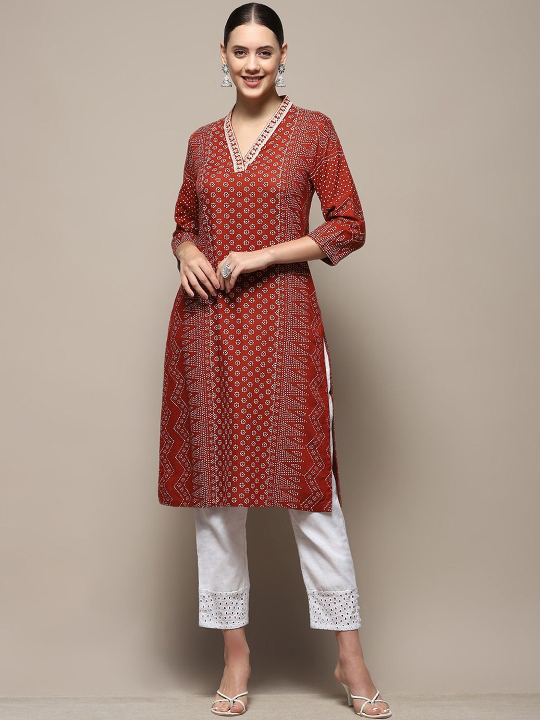 

Biba Geometric Printed V-Neck Silk Straight Kurta, Brown