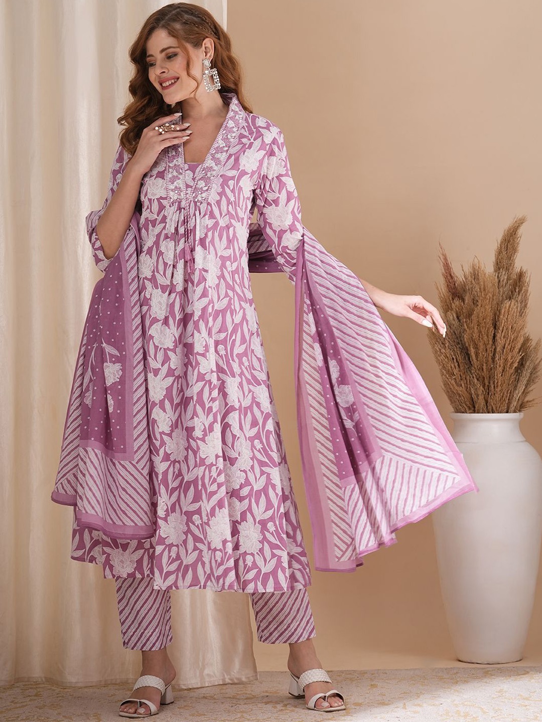 

FASHOR Floral Printed Empire Mirror Work Pure Cotton Kurta with Trousers & Dupatta, Mauve