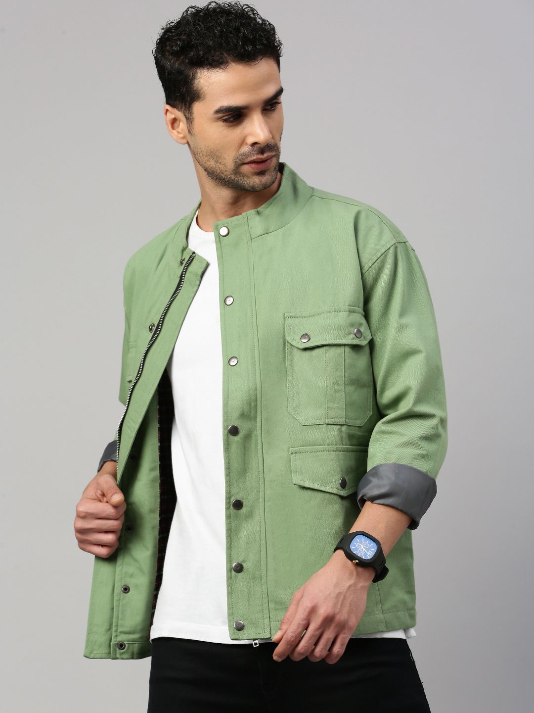 

VOXATI Men Colourblocked Longline Denim Jacket, Green