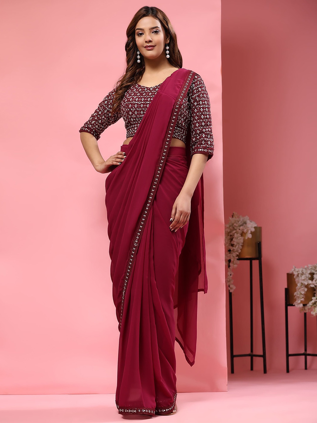 

AMOHA TRENDZ Embroidered Pure Georgette Ready to Wear Saree, Maroon