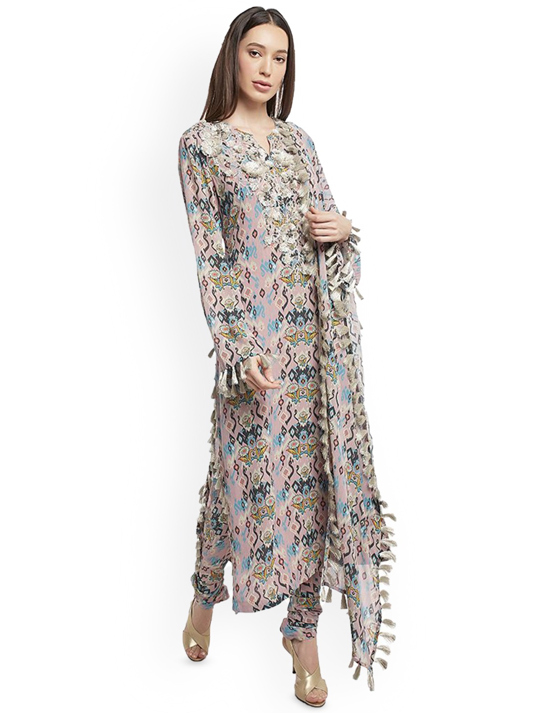 

Payal Singhal Geometric Printed Regular Thread Work Straight Kurta with Churidar & Dupatta, Pink