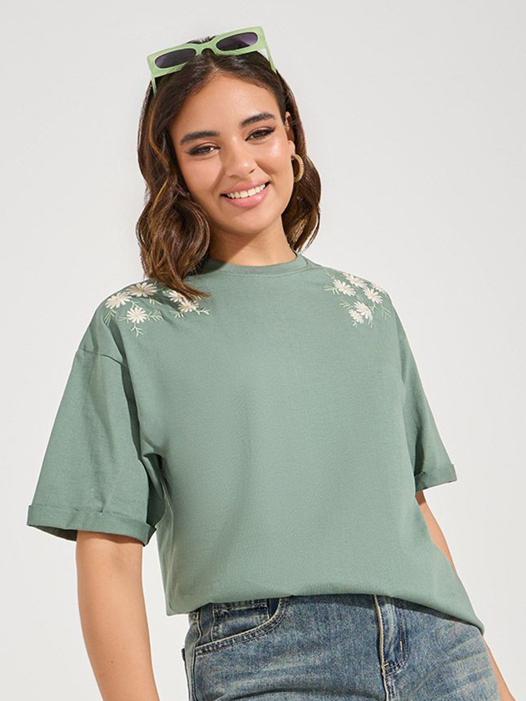 

Styli Women Floral Print Round Neck Cotton Oversized T-Shirt, Green
