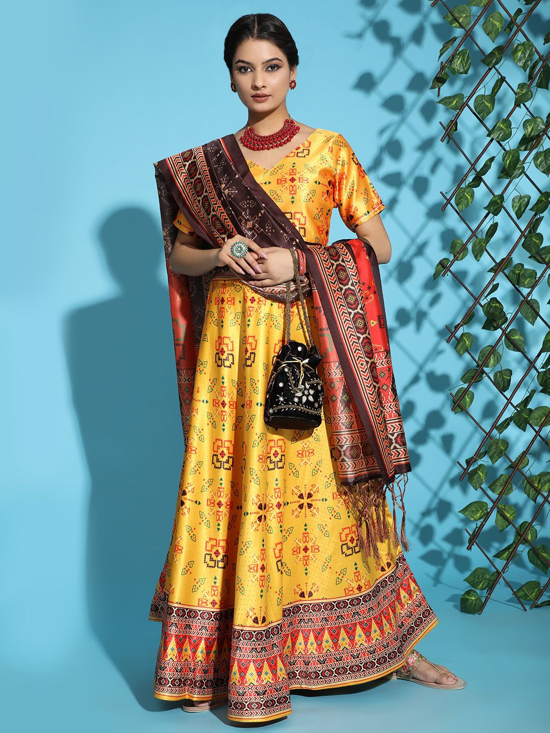 

Kaizen TEXO FAB Printed Semi-Stitched Lehenga & Unstitched Blouse With Dupatta, Yellow