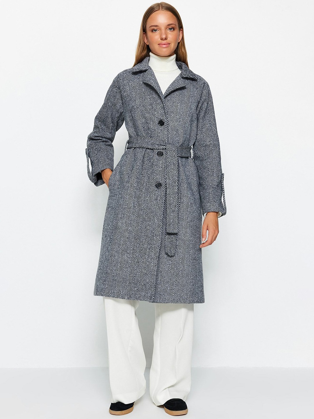 

Trendyol Women Striped Notched Lapel Collar Cotton Overcoat, Grey
