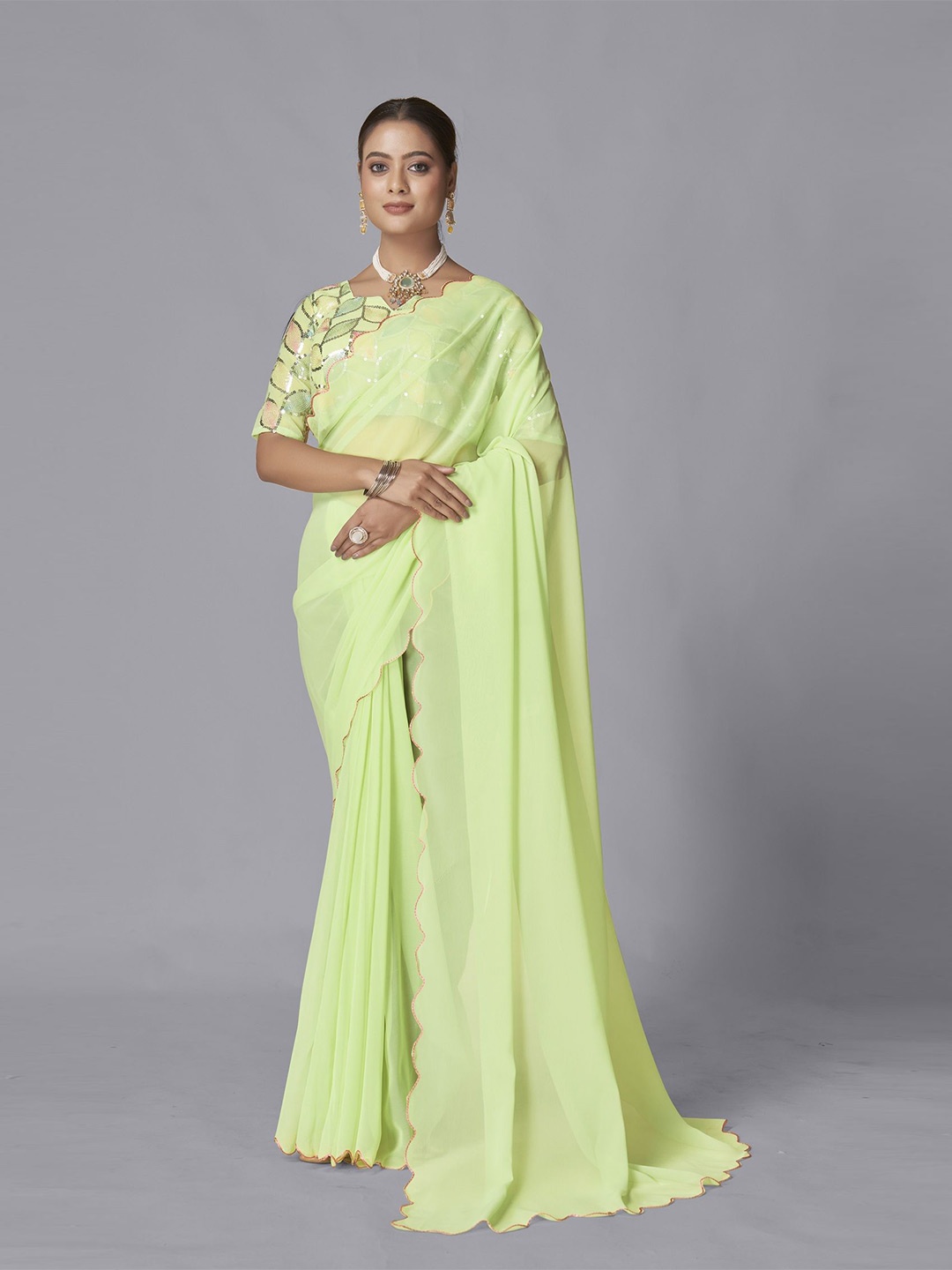 

LADY SHOPI Embroidered Pure Georgette Saree, Lime green