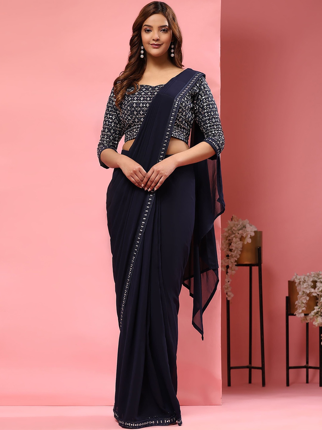 

AMOHA TRENDZ Embroidered Pure Georgette Ready to Wear Saree, Blue
