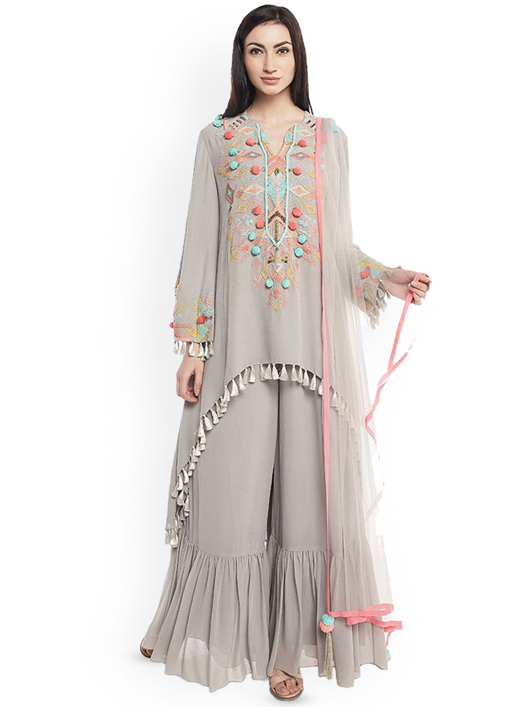 

Payal Singhal Floral Embroidered Regular Kurta with Palazzos & Dupatta, Grey