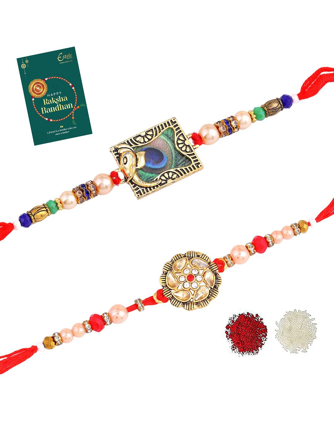 

Estele Set of 2 Stones Studded & Beaded Thread Rakhis, Gold