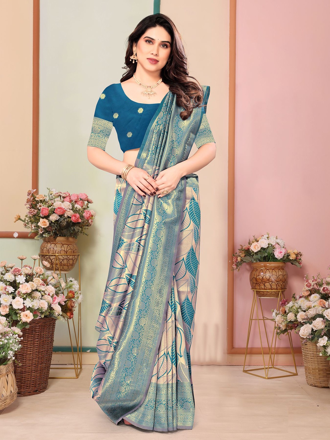 

Om Shantam Sarees Woven Design Zari Kanjeevaram Saree, Pink