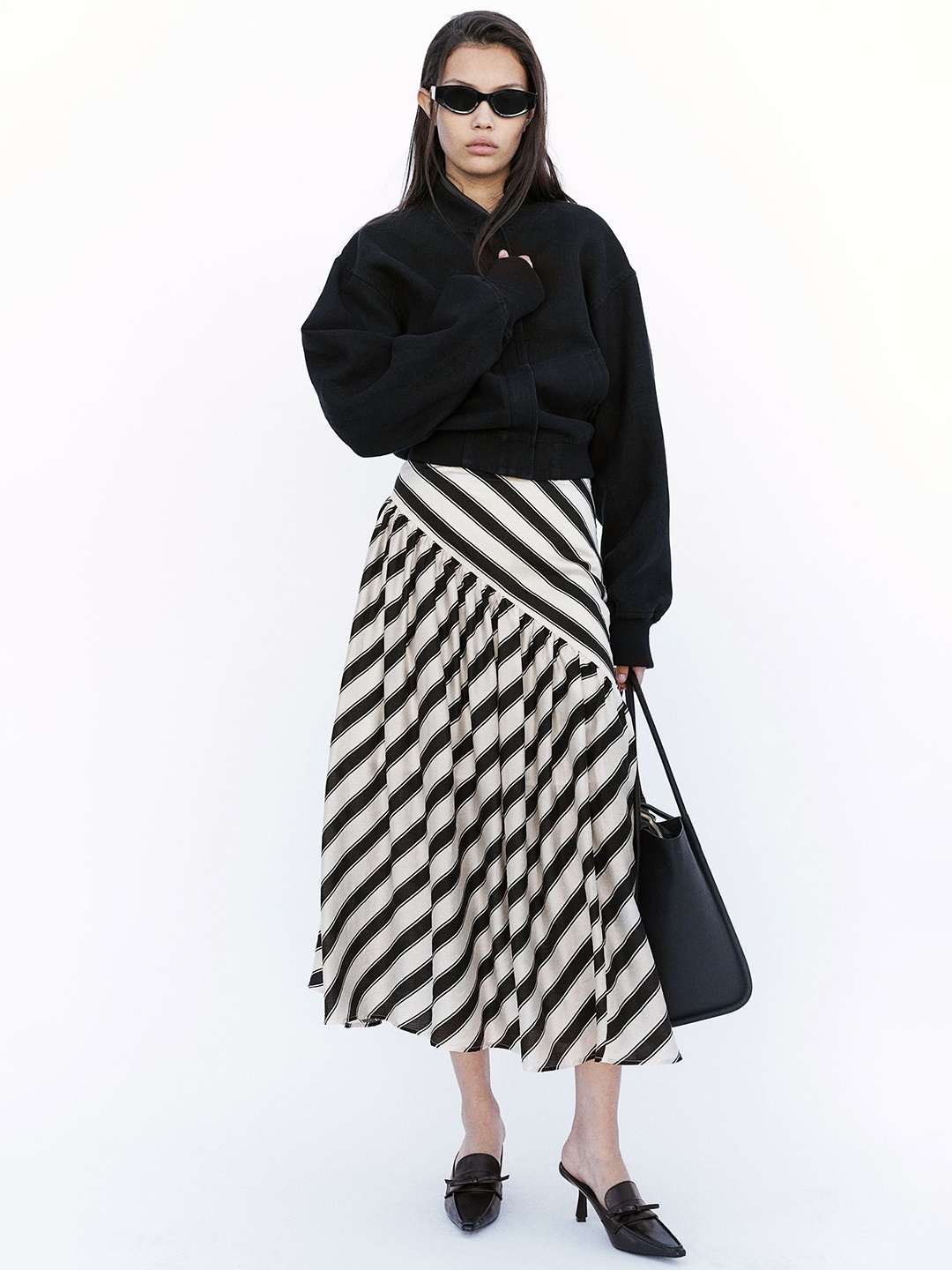 

H&M Striped Draped Lyocell-Blend Skirt, White