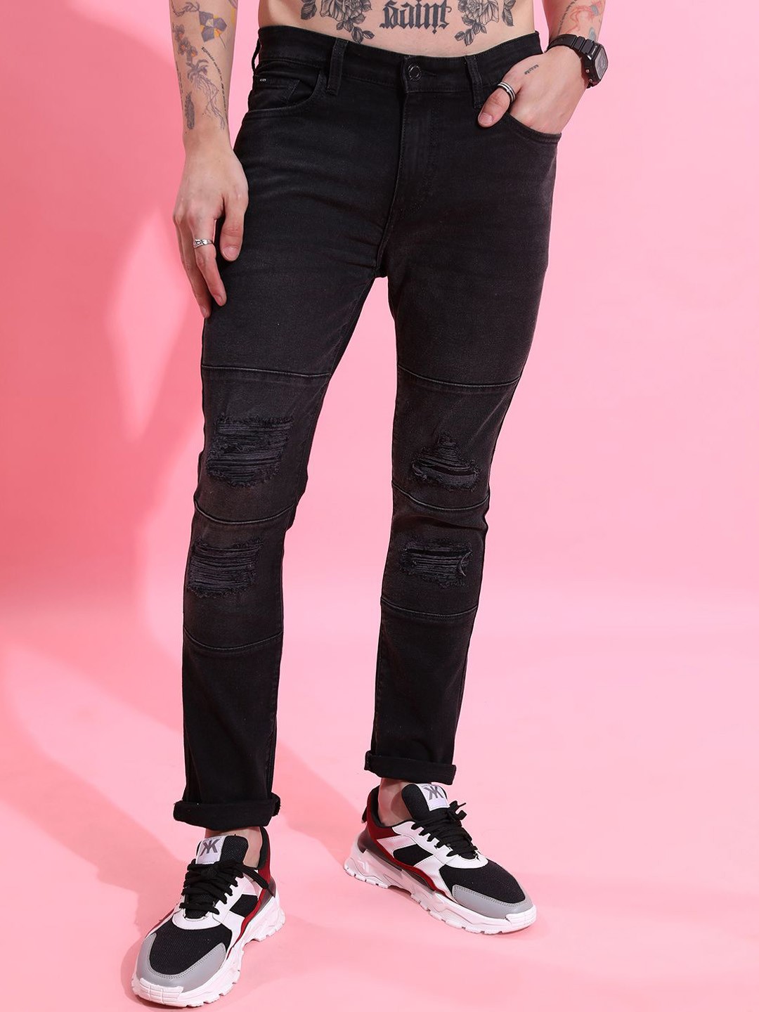 

HIGHLANDER Men Skinny Fit Slash Knee Stretchable Jeans, Black