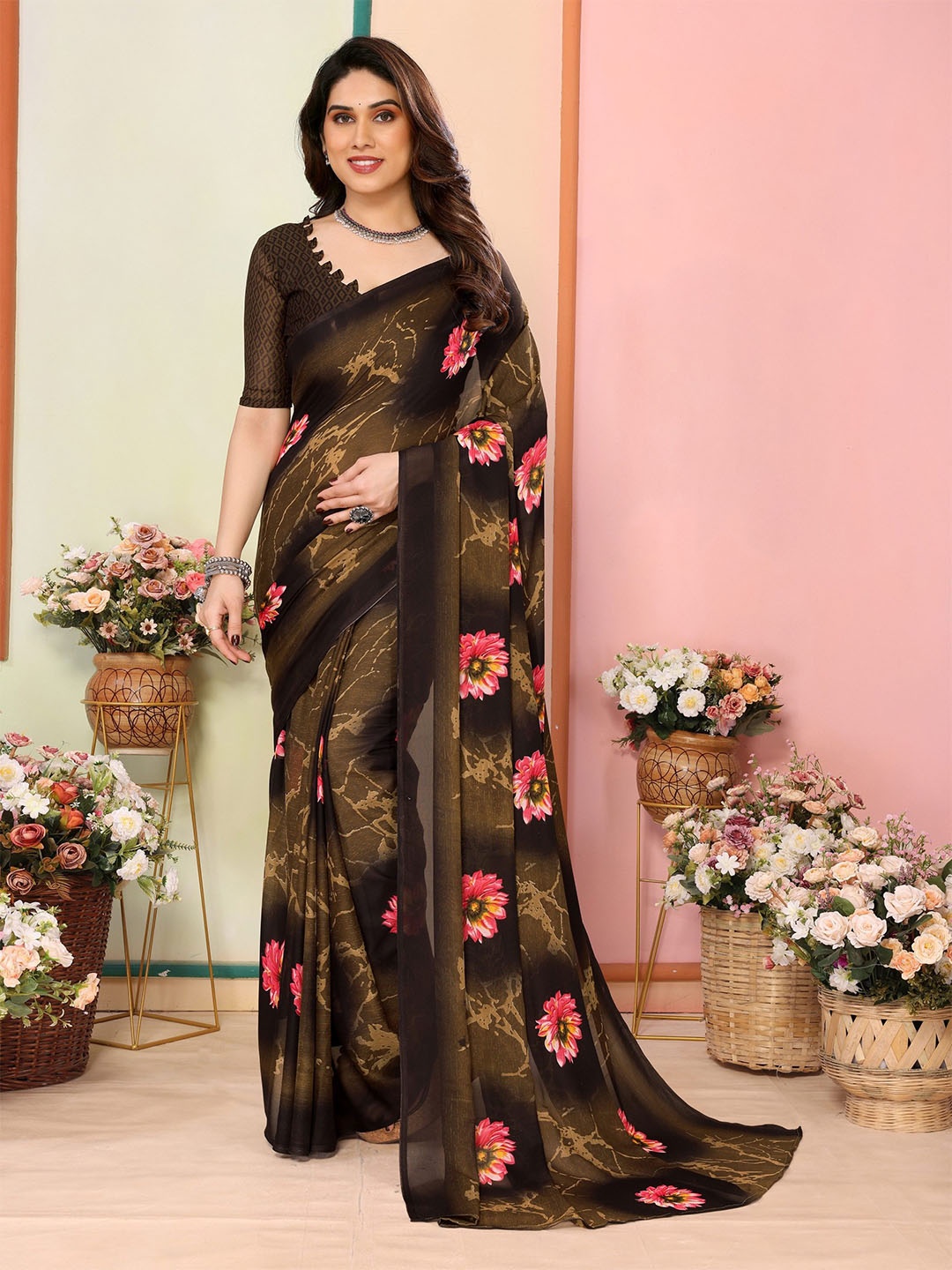 

The Textile Hub Floral Saree, Brown