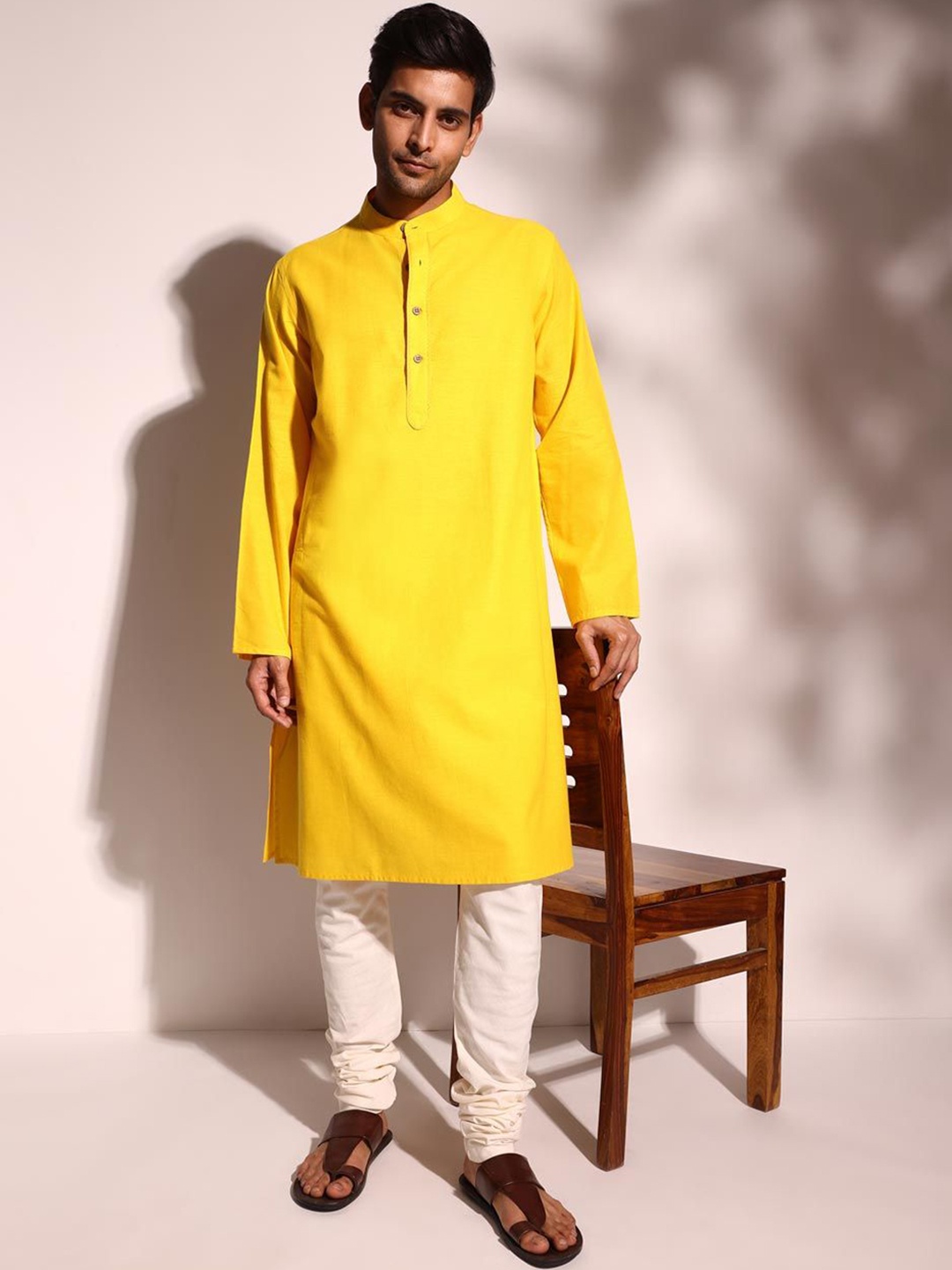 

Fabindia Comfort Fit Band Collar Pure Cotton Straight Kurta, Yellow