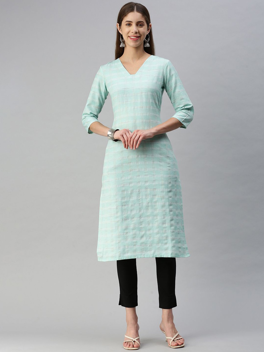 

KALINI Checked Printed Straight Kurta, Turquoise blue