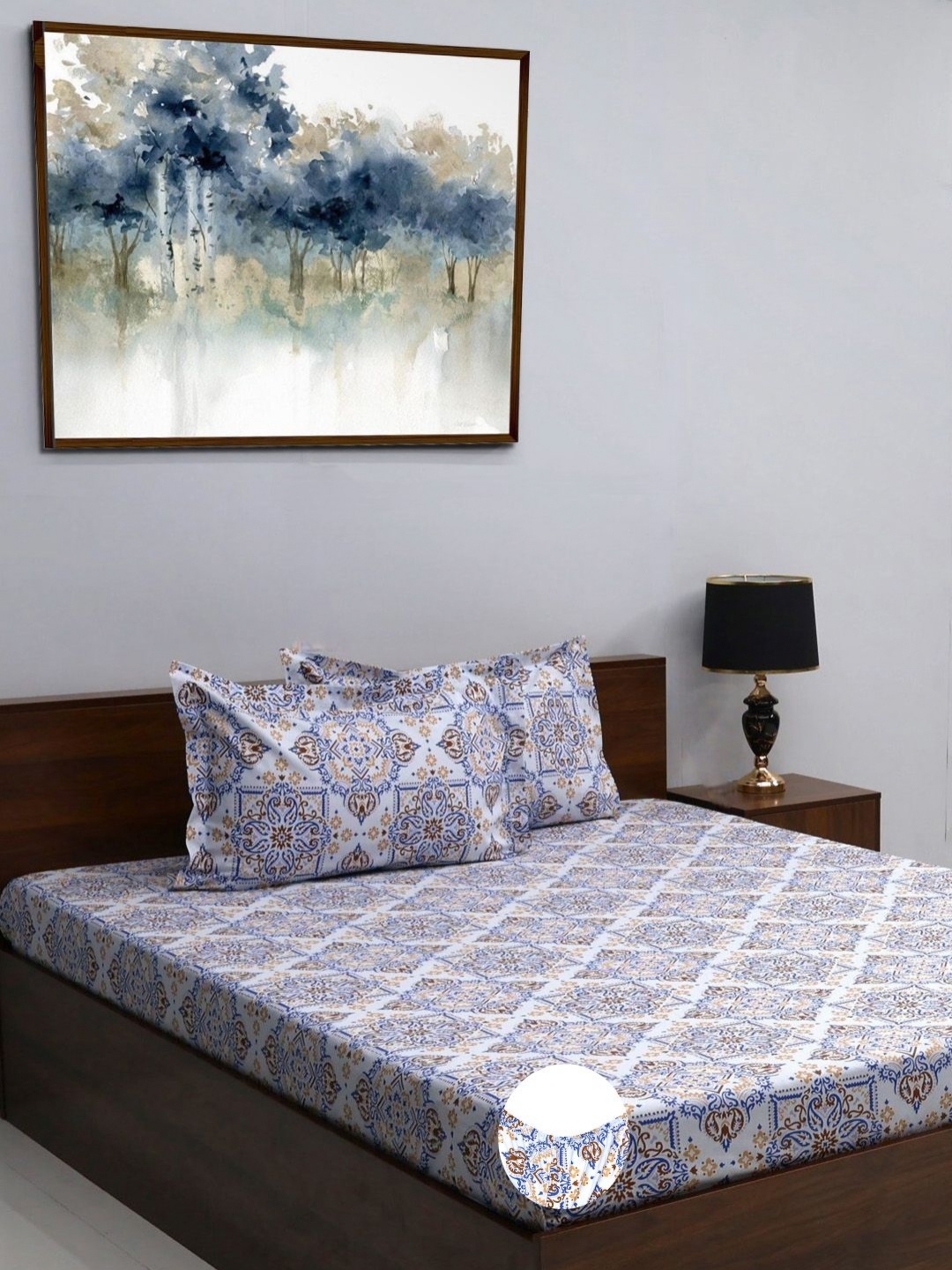 

BOMBAY DYEING Allure Grey & Blue Ethnic Motifs 144TC Pure Cotton Fitted Queen Bedsheet Set