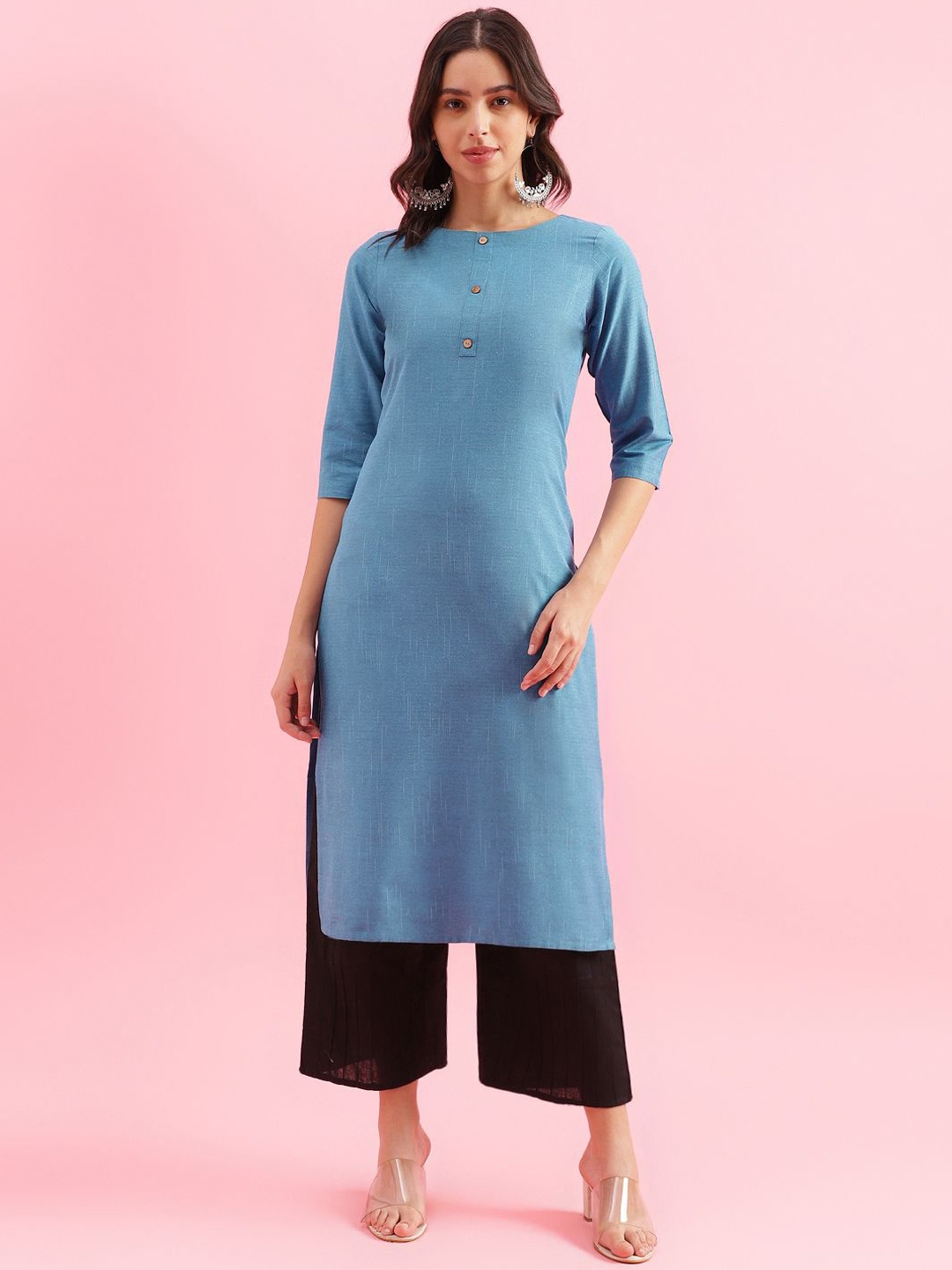 

KALINI Round Neck Three Quarter Straight Kurta, Blue