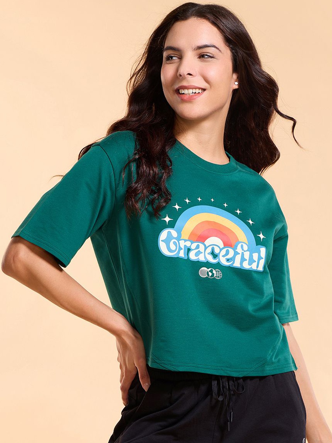 

Enamor Graphic Boxy Cotton Terry T Shirt-E3G4, Green