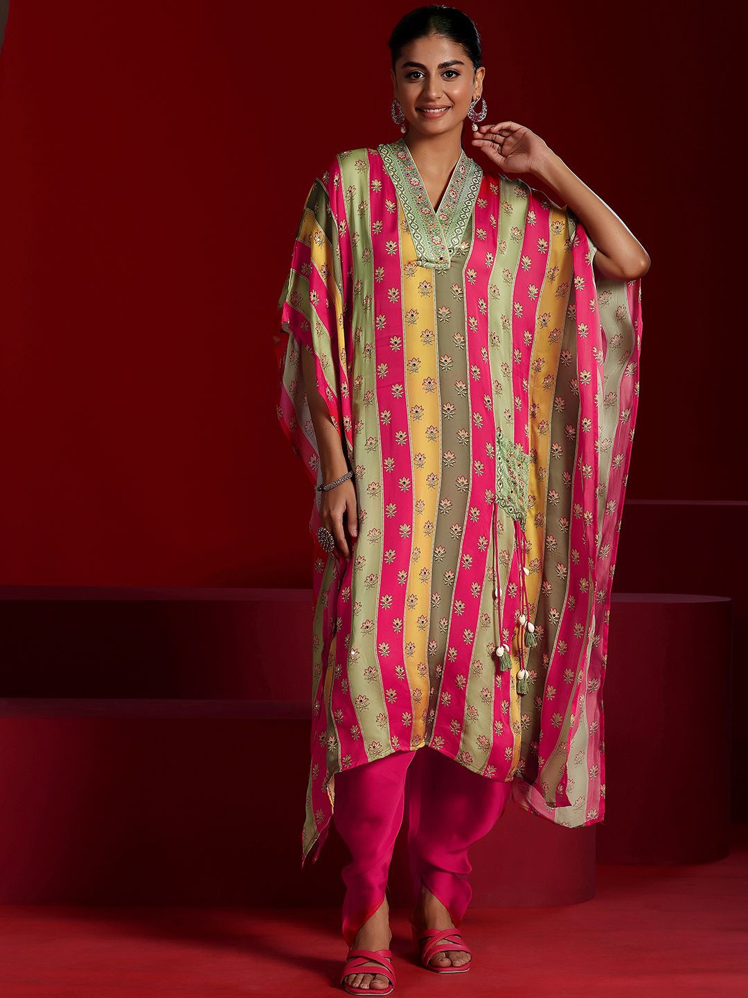 

Libas Art Floral Embroidered V-Neck Pure Silk Kaftan With Dhoti Pants, Pink