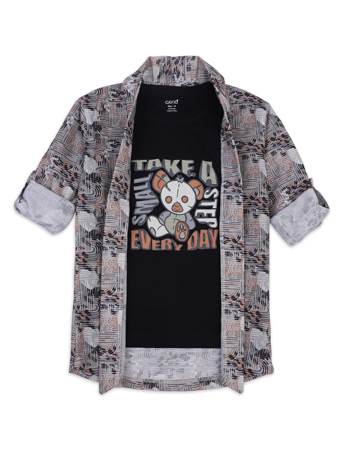 

CAVIO Boys Printed Collarless Jacket With T-shirt, Grey