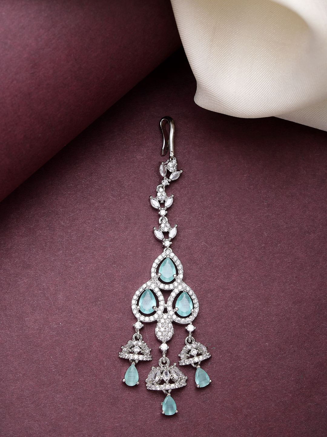 

ZENEME Silver-Plated American Diamond Studded Maang Tikka