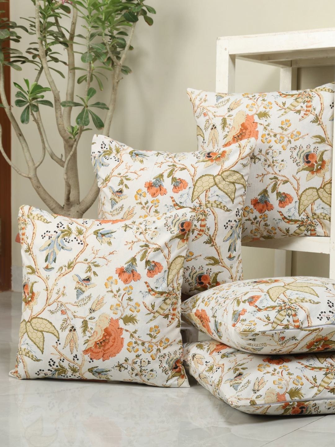 

Clasiko White & Orange Set of 5 Floral Square Cushion Covers