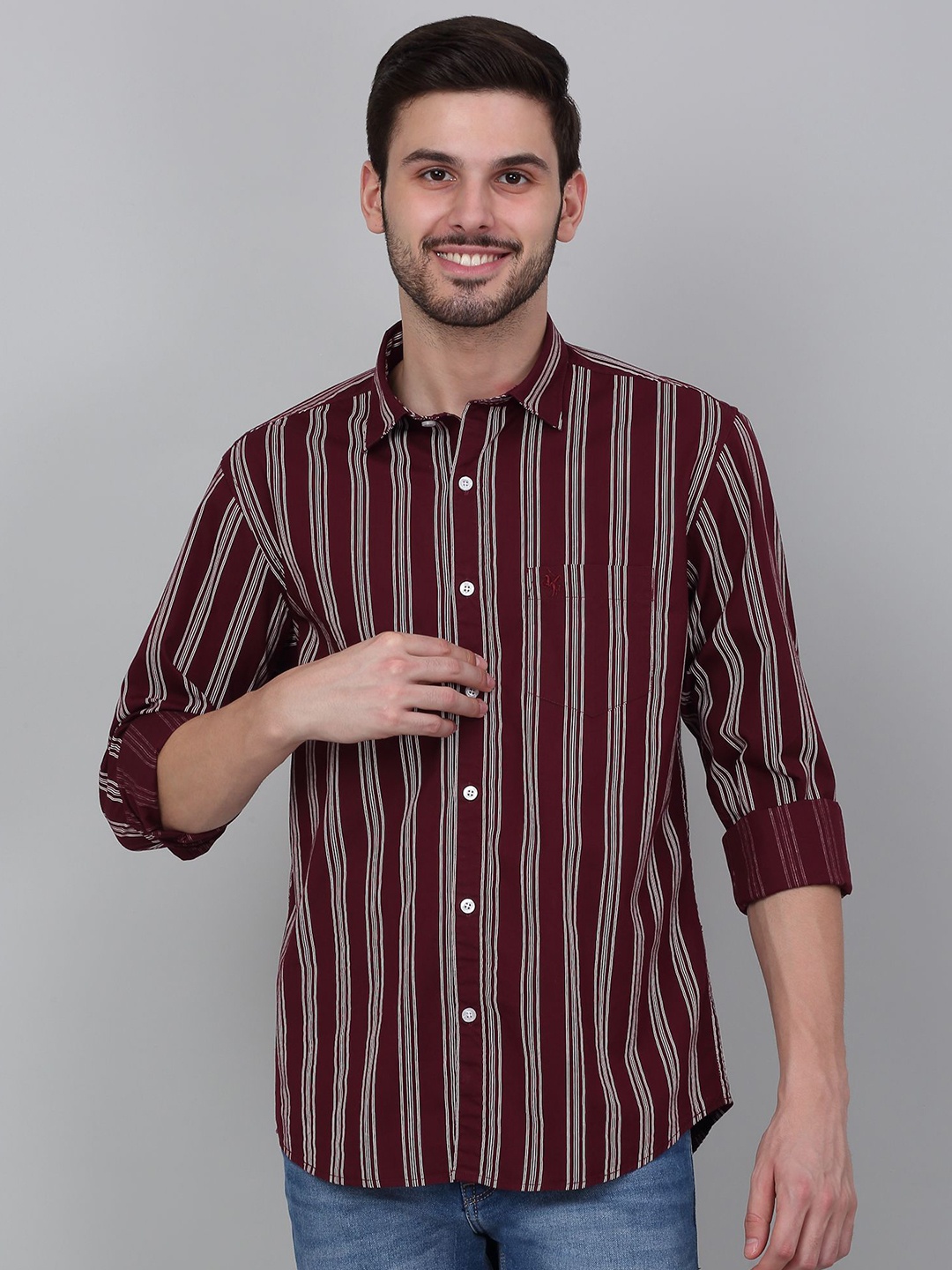 

Cantabil Men Spread Collar Striped Cotton Casual Shirt, Maroon