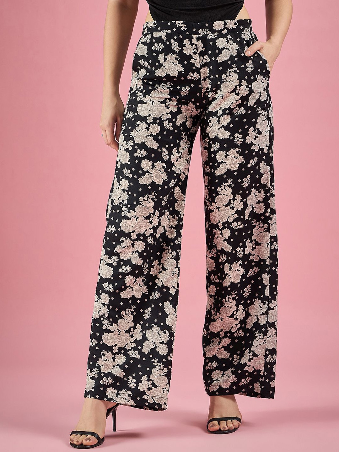 

DressBerry Women Floral Printed Flared High-Rise Parallel Trousers, Black