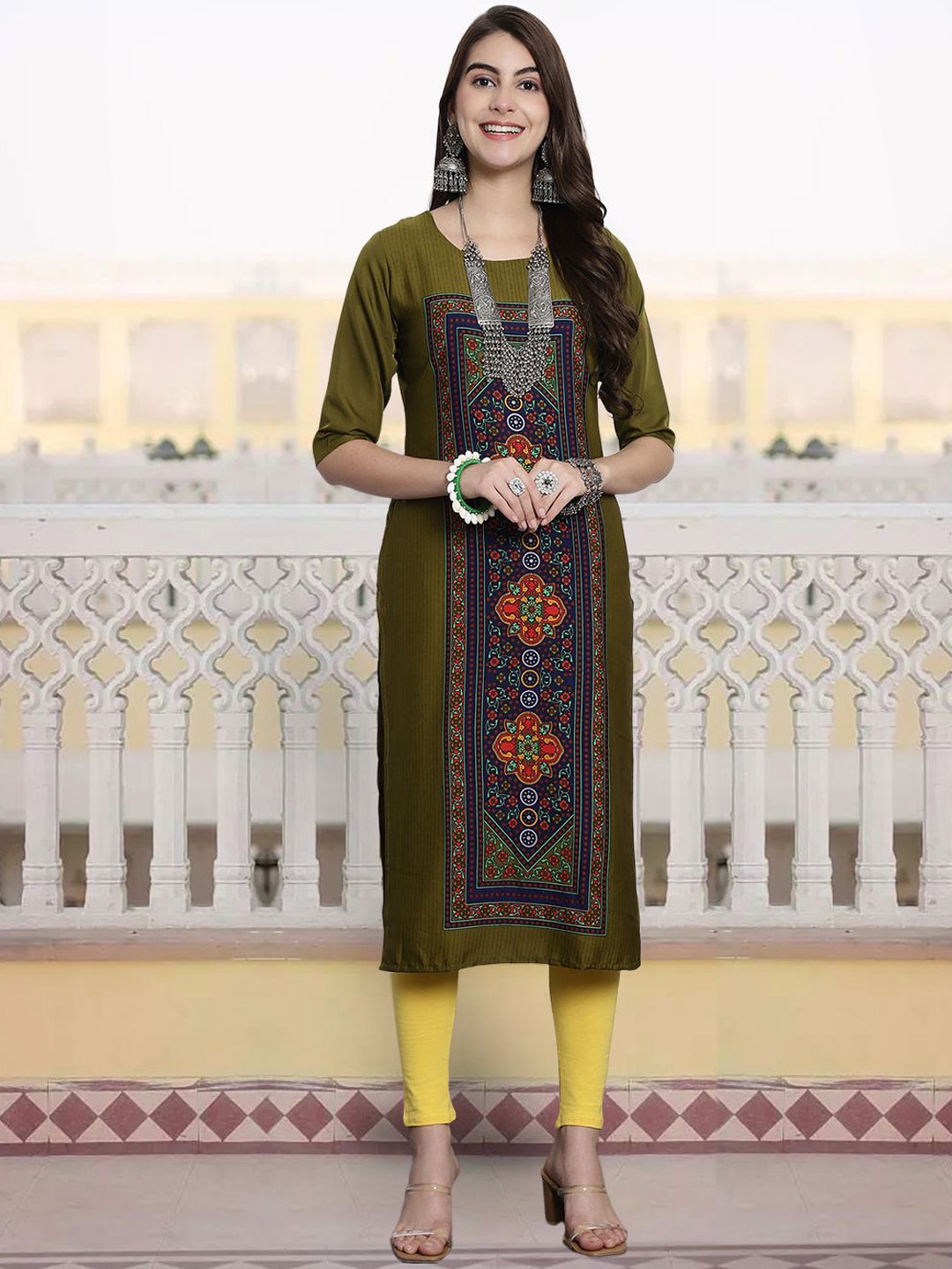 

7Threads Ethnic Motifs Printed Round Neck Straight Kurta, Olive