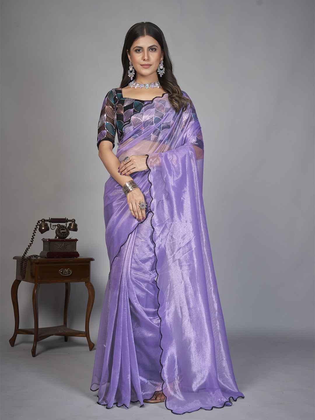 

LADY SHOPI Embroidered Solid Organza Saree With Blouse Piece, Lavender