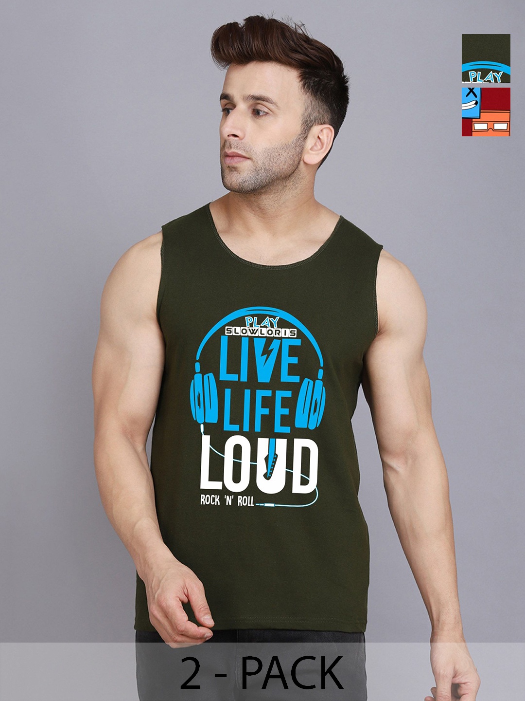 

SLOWLORIS Men Pack Of 2 Typography Printed Round Neck Cotton Slim Fit T-Shirts, Olive