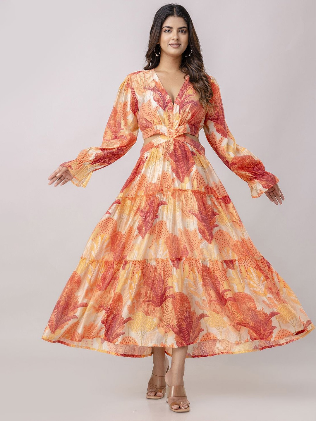 

Aawari Women Floral Printed A-Line Maxi Dress, Orange
